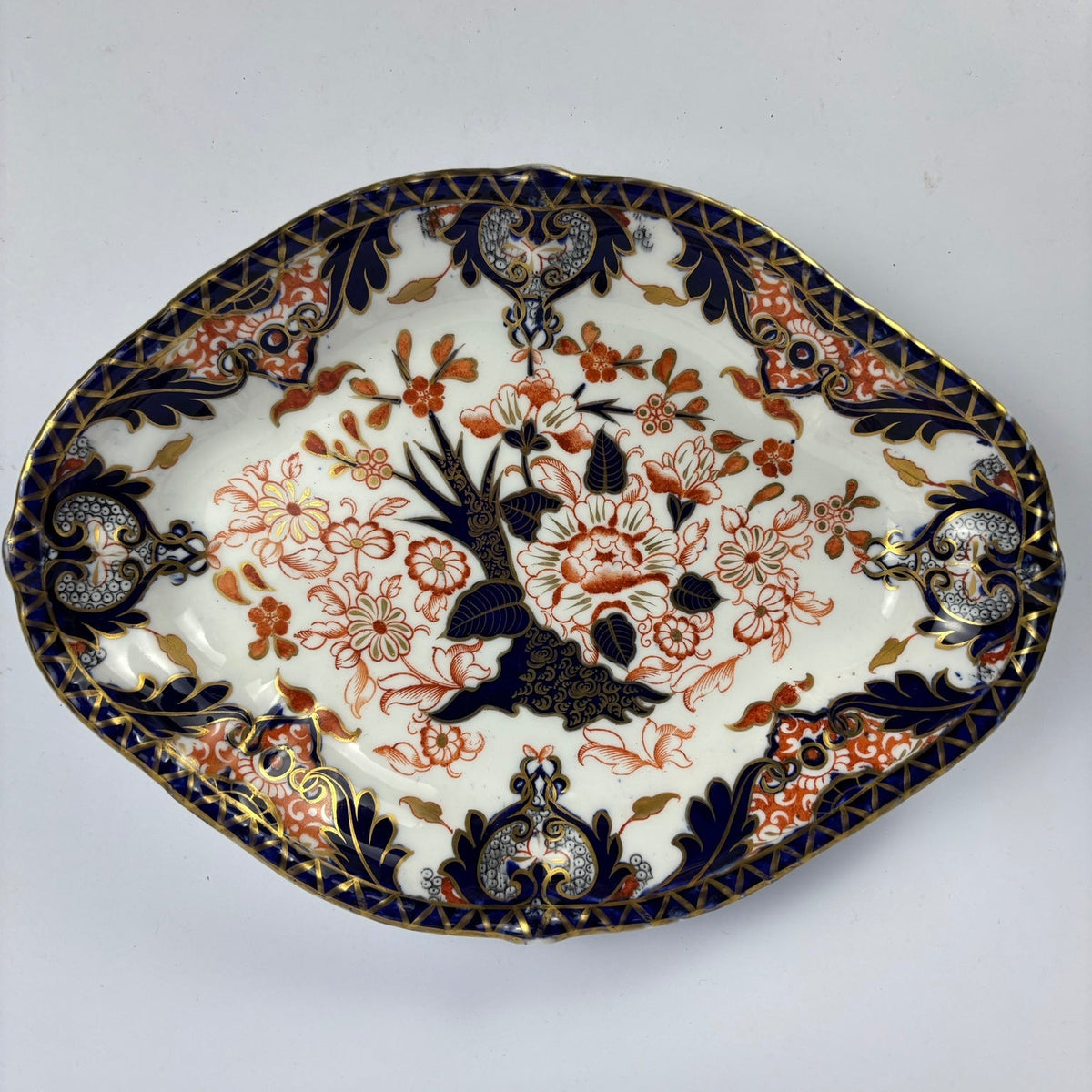 Royal Crown Derby Imari lozenge-shaped serving dish with cobalt blue, iron-red and gilt decoration