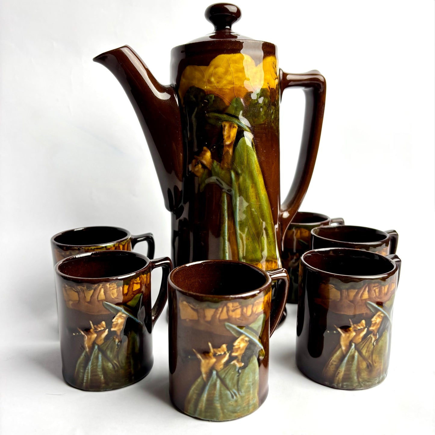 Rare Royal Doulton “Pied Piper” Coffee Set – Pot & 6 Cups | c.1930s