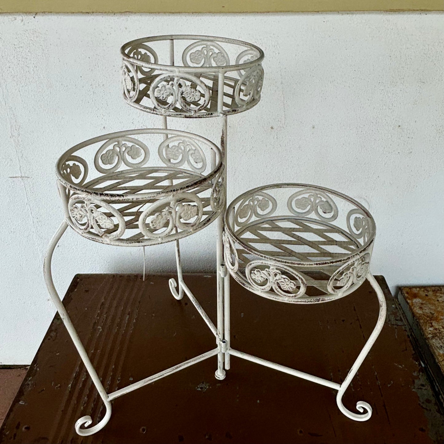 Reproduction Three-Tier Metal Plant Stand – Distressed White Finish