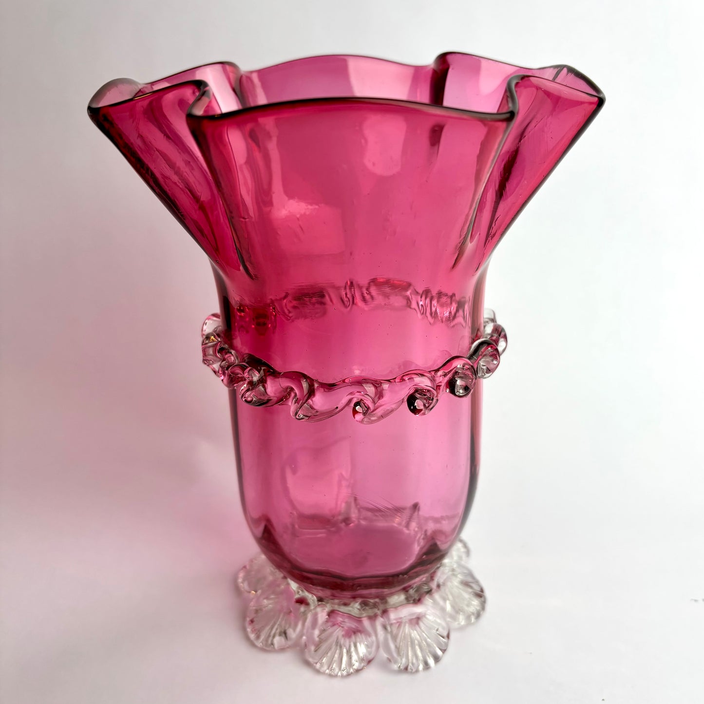 Victorian Cranberry Glass Vase with Applied Trail & Footed Base c.1900