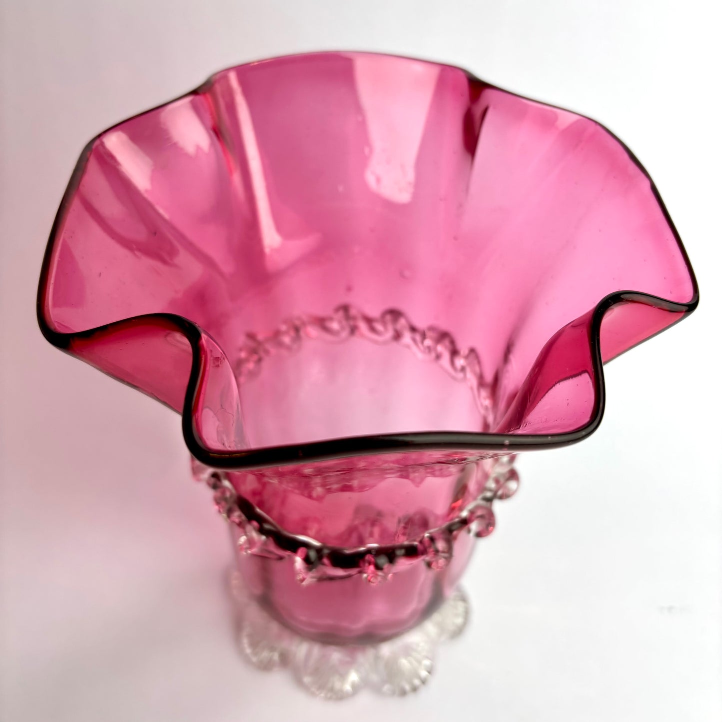 Victorian Cranberry Glass Vase with Applied Trail & Footed Base c.1900