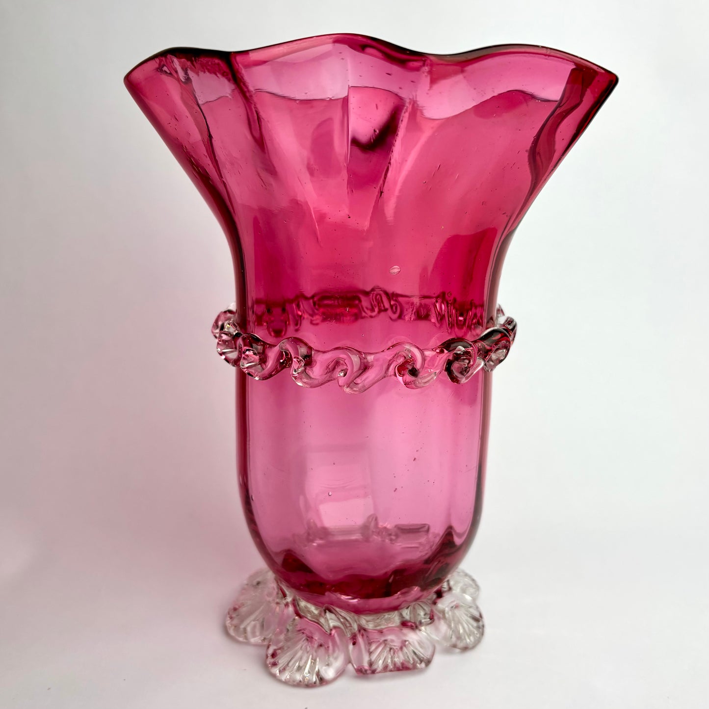 Victorian Cranberry Glass Vase with Applied Trail & Footed Base c.1900
