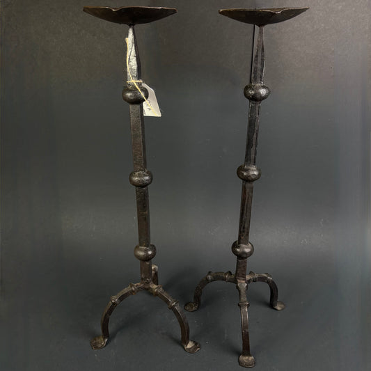 Antique Hand-Forged Wrought Iron Floor Candlesticks c.1800–1850 | Pair | 59cm