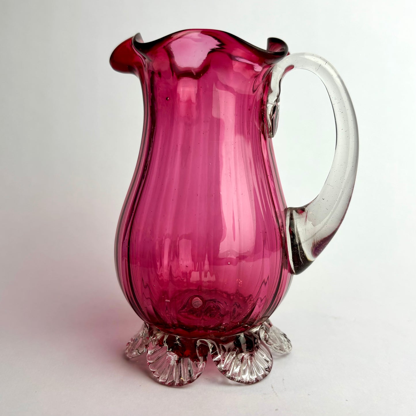 Antique Victorian Cranberry Glass Vase with Applied Ring & Ruffled Rim