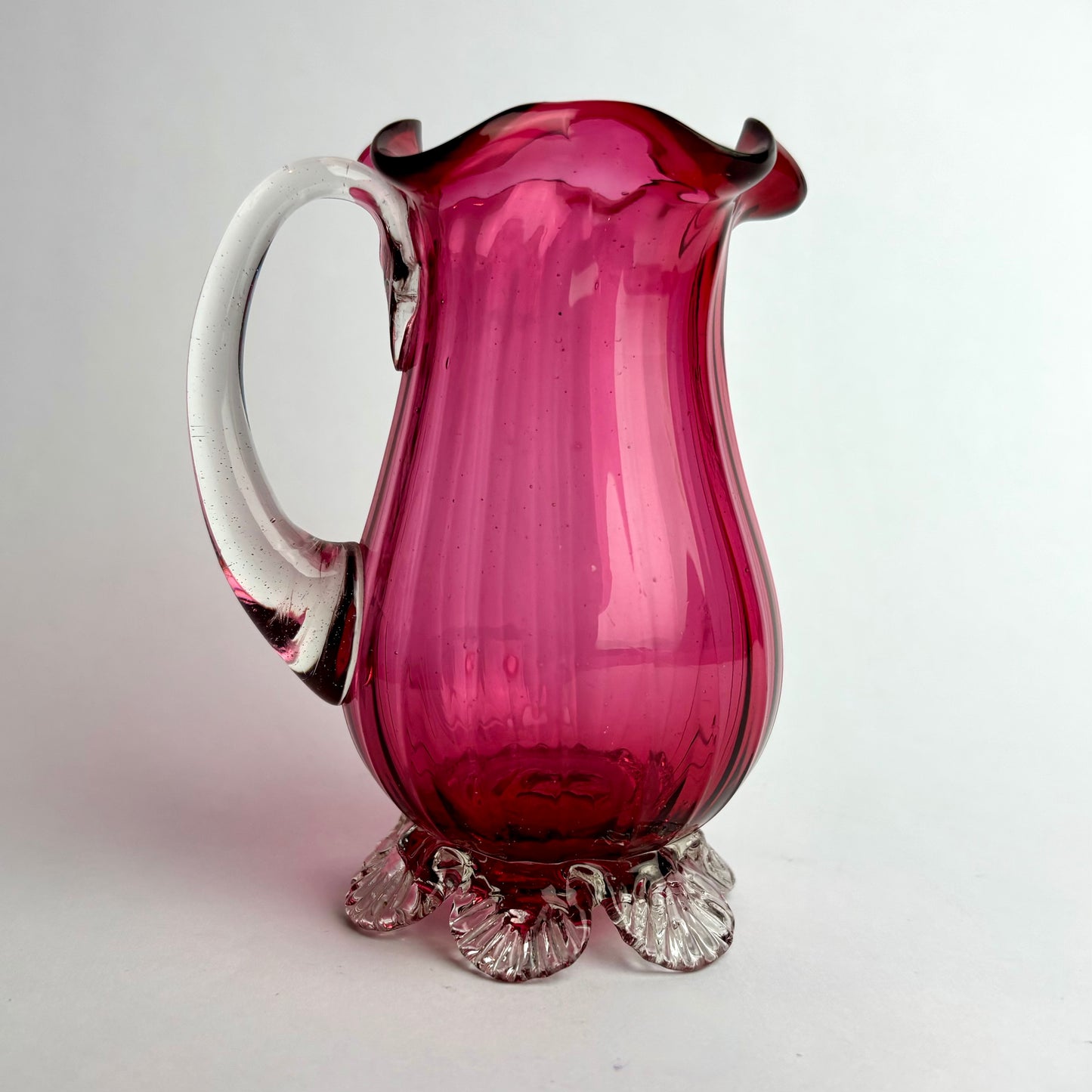 Antique Victorian Cranberry Glass Vase with Applied Ring & Ruffled Rim