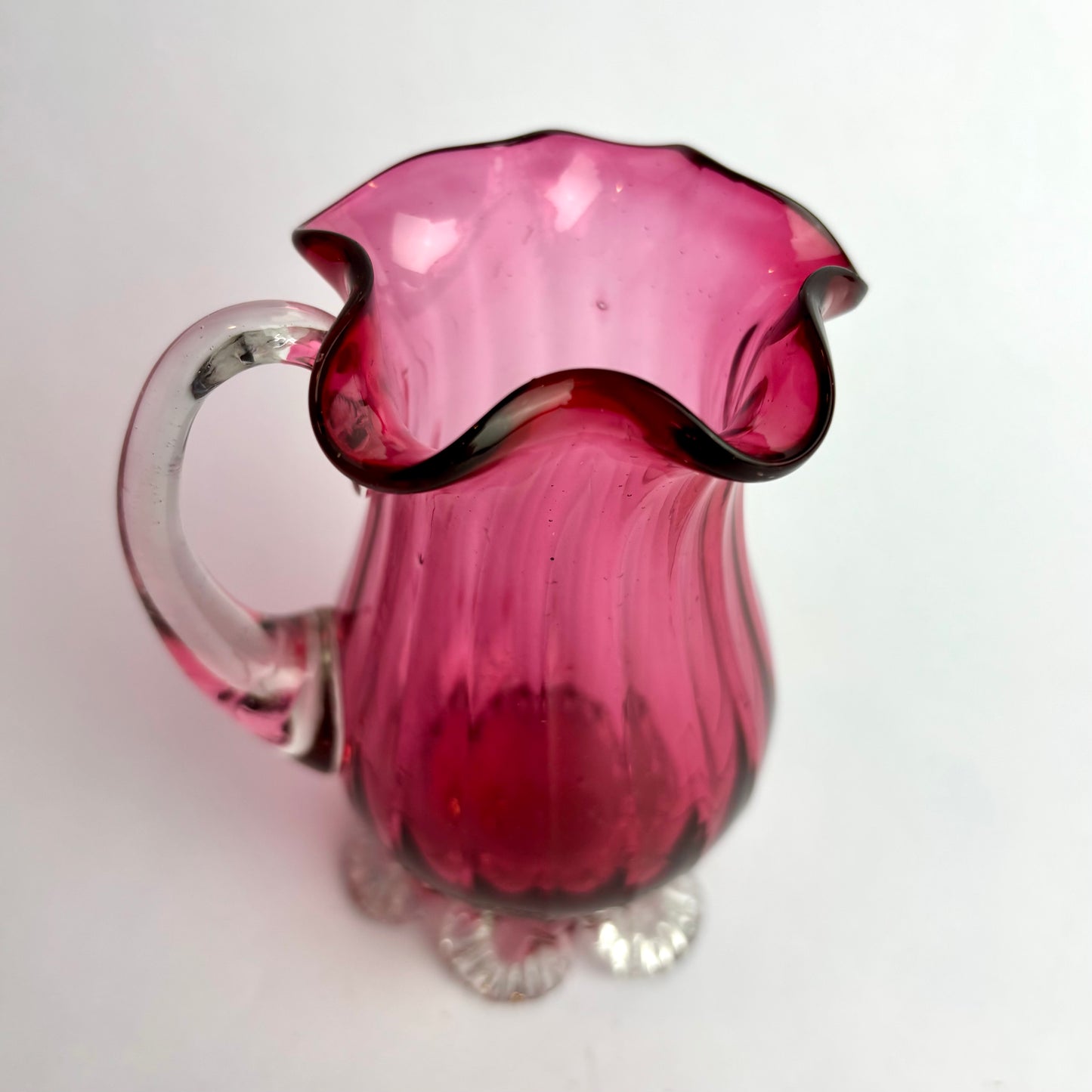 Antique Victorian Cranberry Glass Vase with Applied Ring & Ruffled Rim