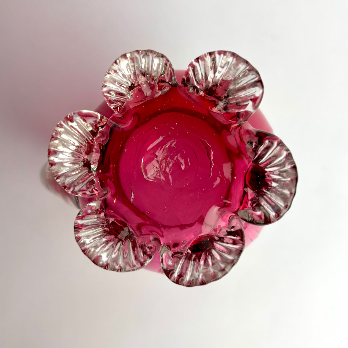 Antique Victorian Cranberry Glass Vase with Applied Ring & Ruffled Rim