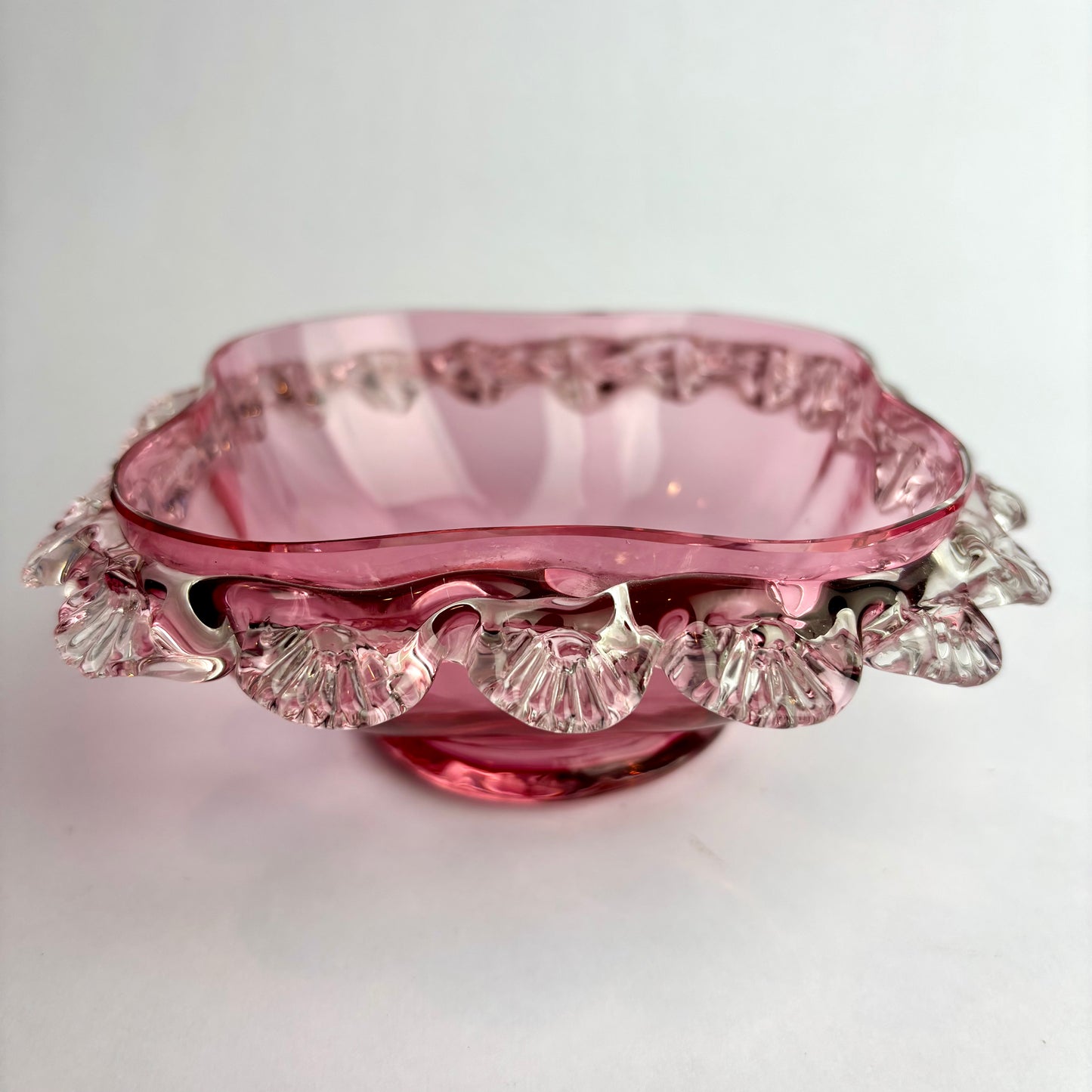 Victorian Cranberry Glass Square Bowl with Applied Clear Rim  c. 1880–1900