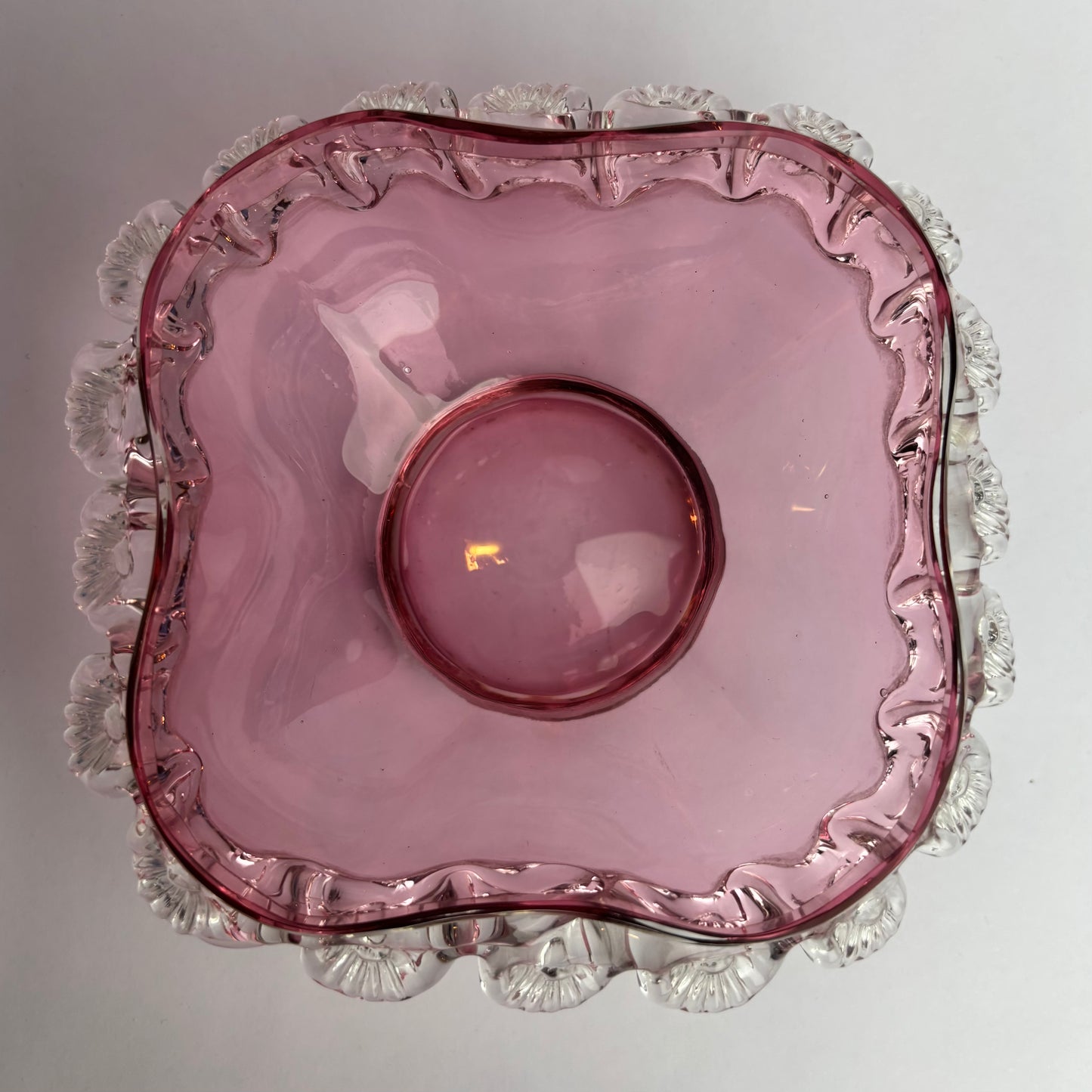 Victorian Cranberry Glass Square Bowl with Applied Clear Rim  c. 1880–1900
