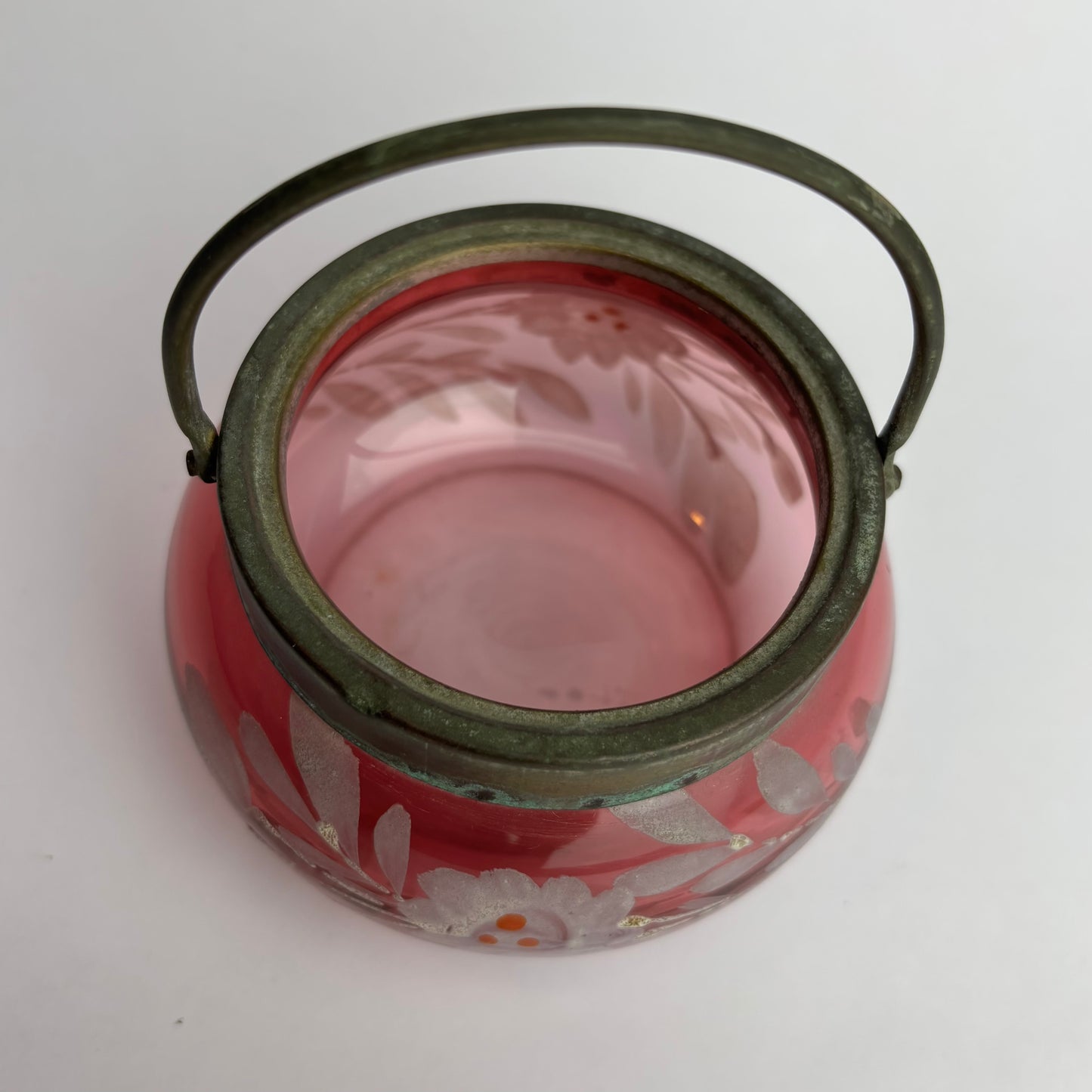 Victorian Cranberry Glass Hanging Bowl with Etched Floral Decoration  c. 1890–1910