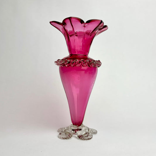 Antique Victorian Cranberry Glass Vase with Rigaree Band