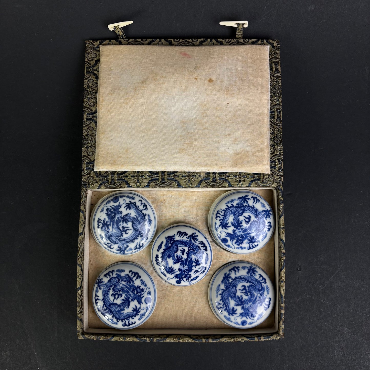 Antique Chinese Porcelain Ink Paste Box Set with Silk Presentation Case – Five Dragons