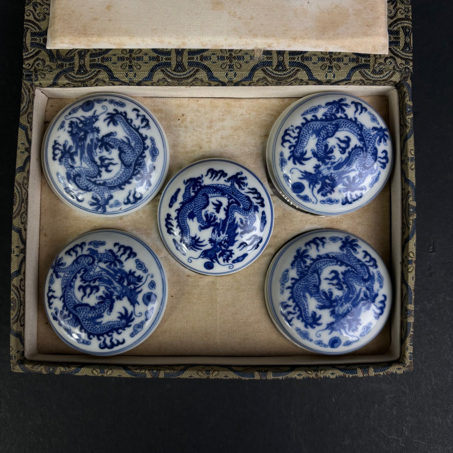 Antique Chinese Porcelain Ink Paste Box Set with Silk Presentation Case – Five Dragons