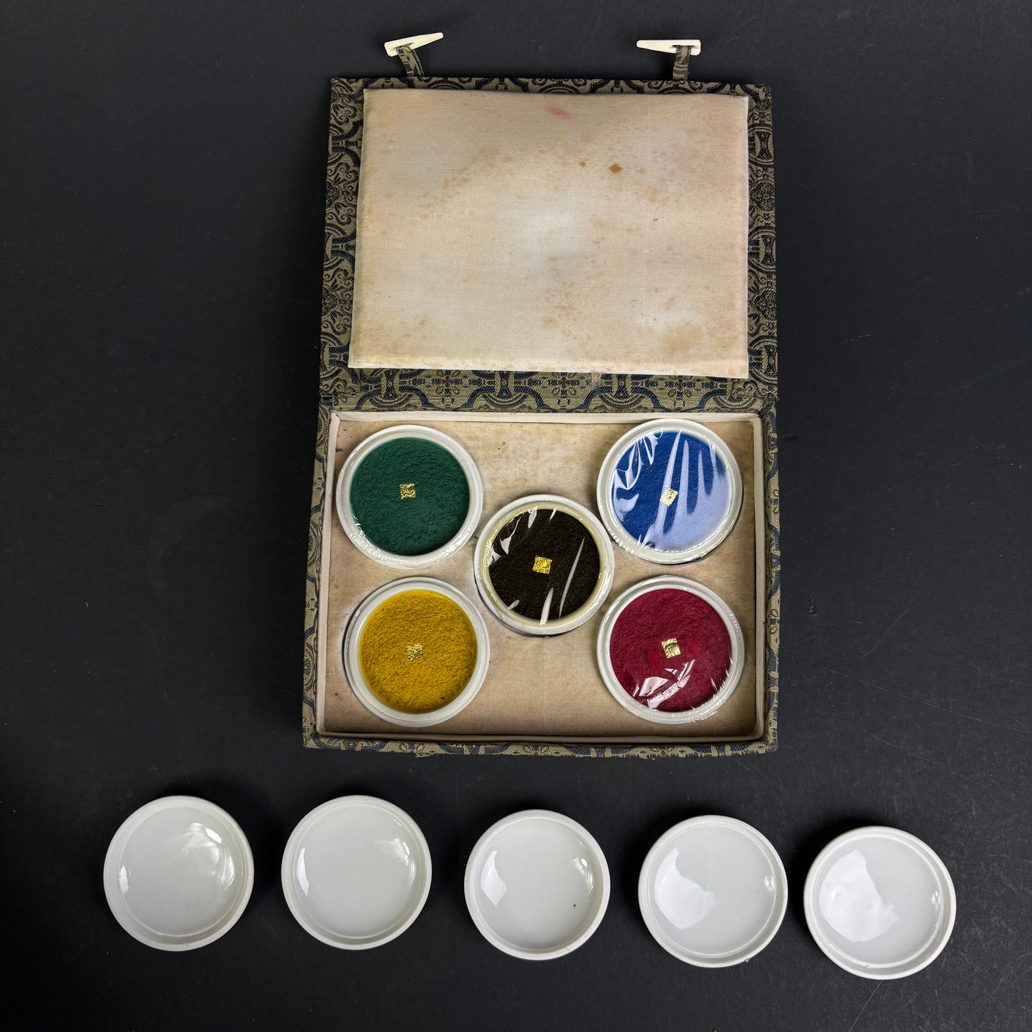 Antique Chinese Porcelain Ink Paste Box Set with Silk Presentation Case – Five Dragons