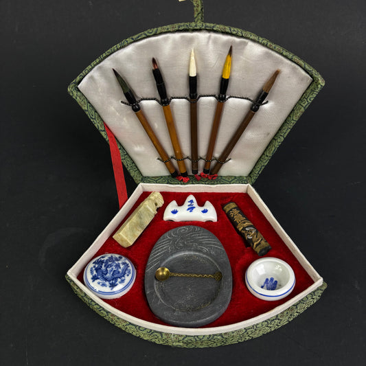 Vintage Chinese Calligraphy Writing Set in Silk Brocade Case – Brush, Ink Stone, Seal & Ink Stick