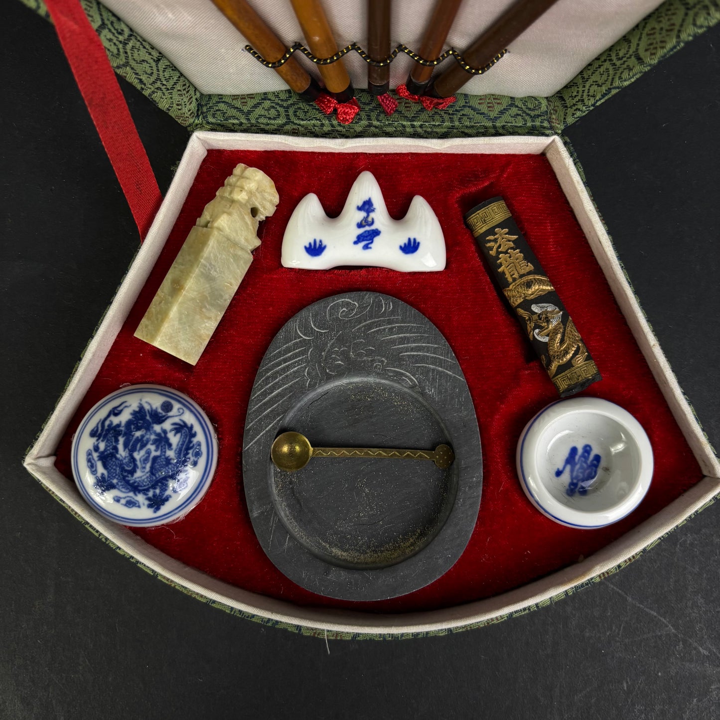 Vintage Chinese Calligraphy Writing Set in Silk Brocade Case – Brush, Ink Stone, Seal & Ink Stick