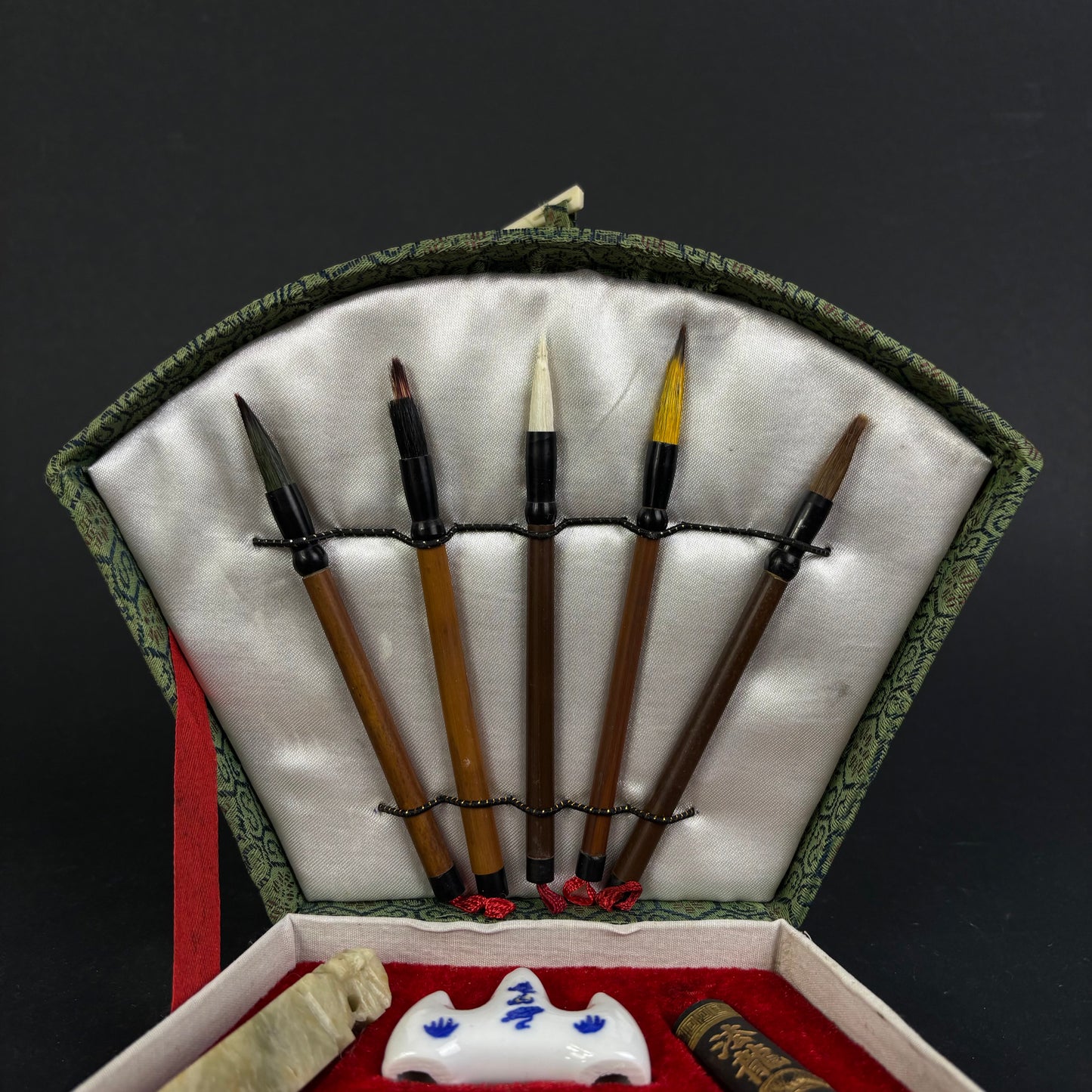 Vintage Chinese Calligraphy Writing Set in Silk Brocade Case – Brush, Ink Stone, Seal & Ink Stick