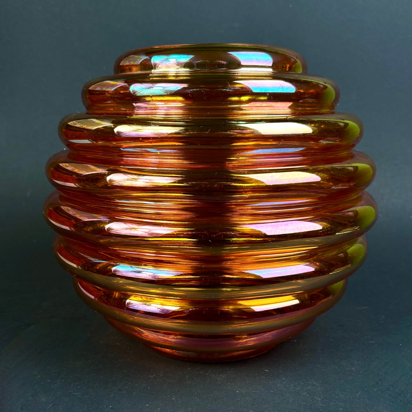 Crown Crystal Glass (Australia) "Melon Rib" Marigold Carnival Glass Vases – Pair – 30cm