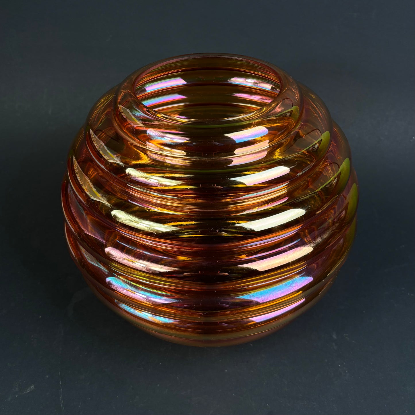 Crown Crystal Glass (Australia) "Melon Rib" Marigold Carnival Glass Vases – Pair – 30cm