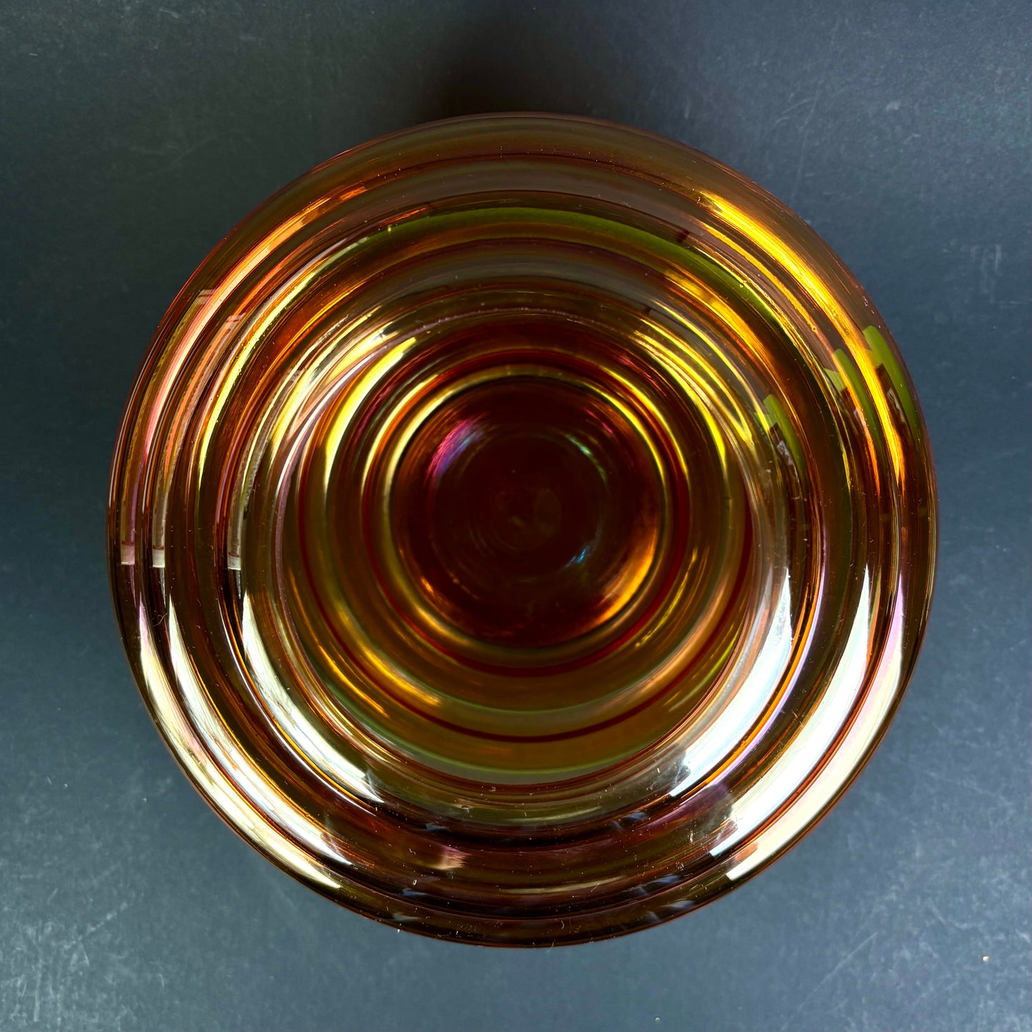 Crown Crystal Glass (Australia) "Melon Rib" Marigold Carnival Glass Vases – Pair – 30cm