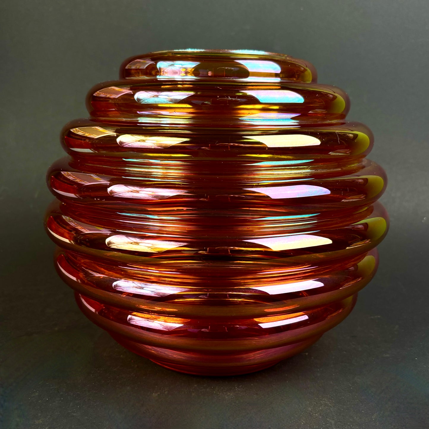 Crown Crystal Glass (Australia) "Melon Rib" Marigold Carnival Glass Vases – Pair – 30cm