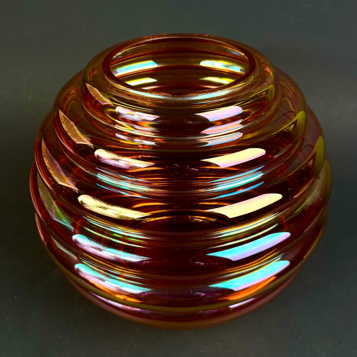 Crown Crystal Glass (Australia) "Melon Rib" Marigold Carnival Glass Vases – Pair – 30cm
