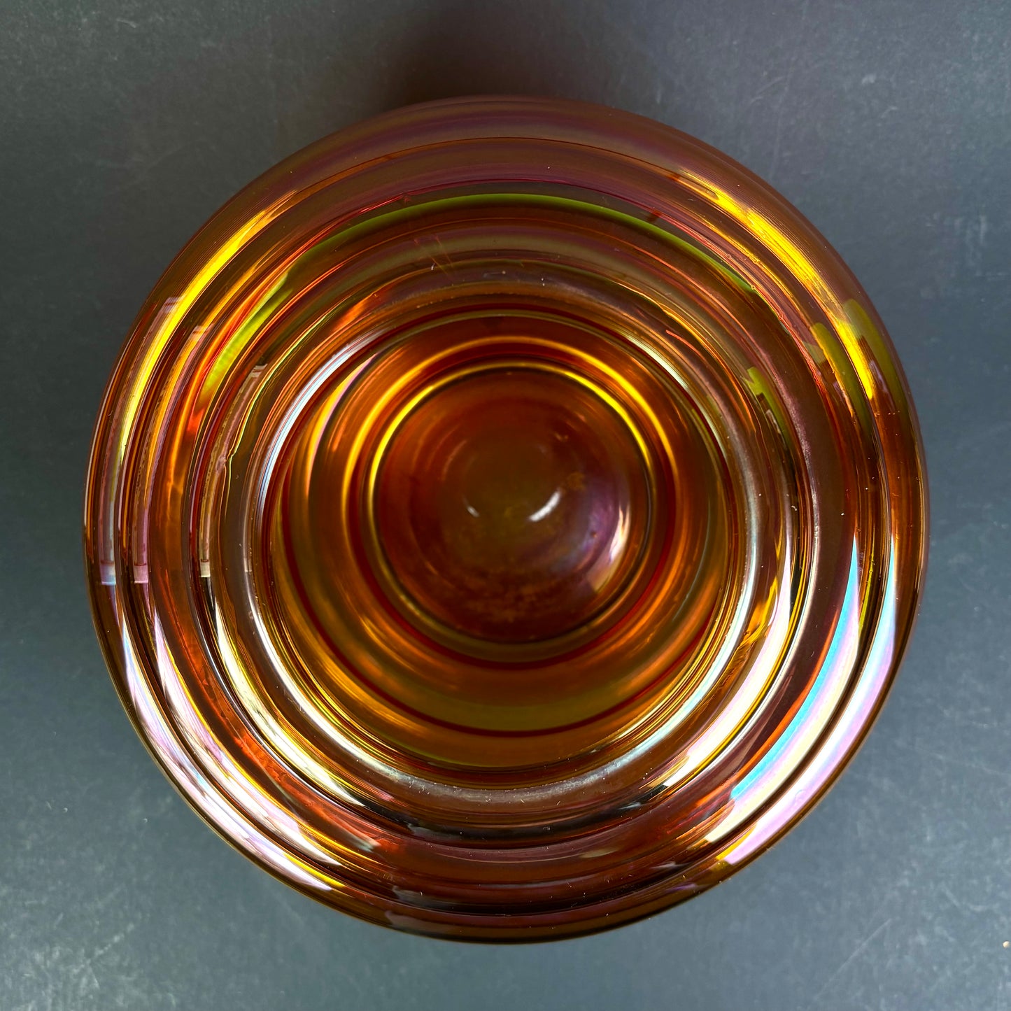 Crown Crystal Glass (Australia) "Melon Rib" Marigold Carnival Glass Vases – Pair – 30cm
