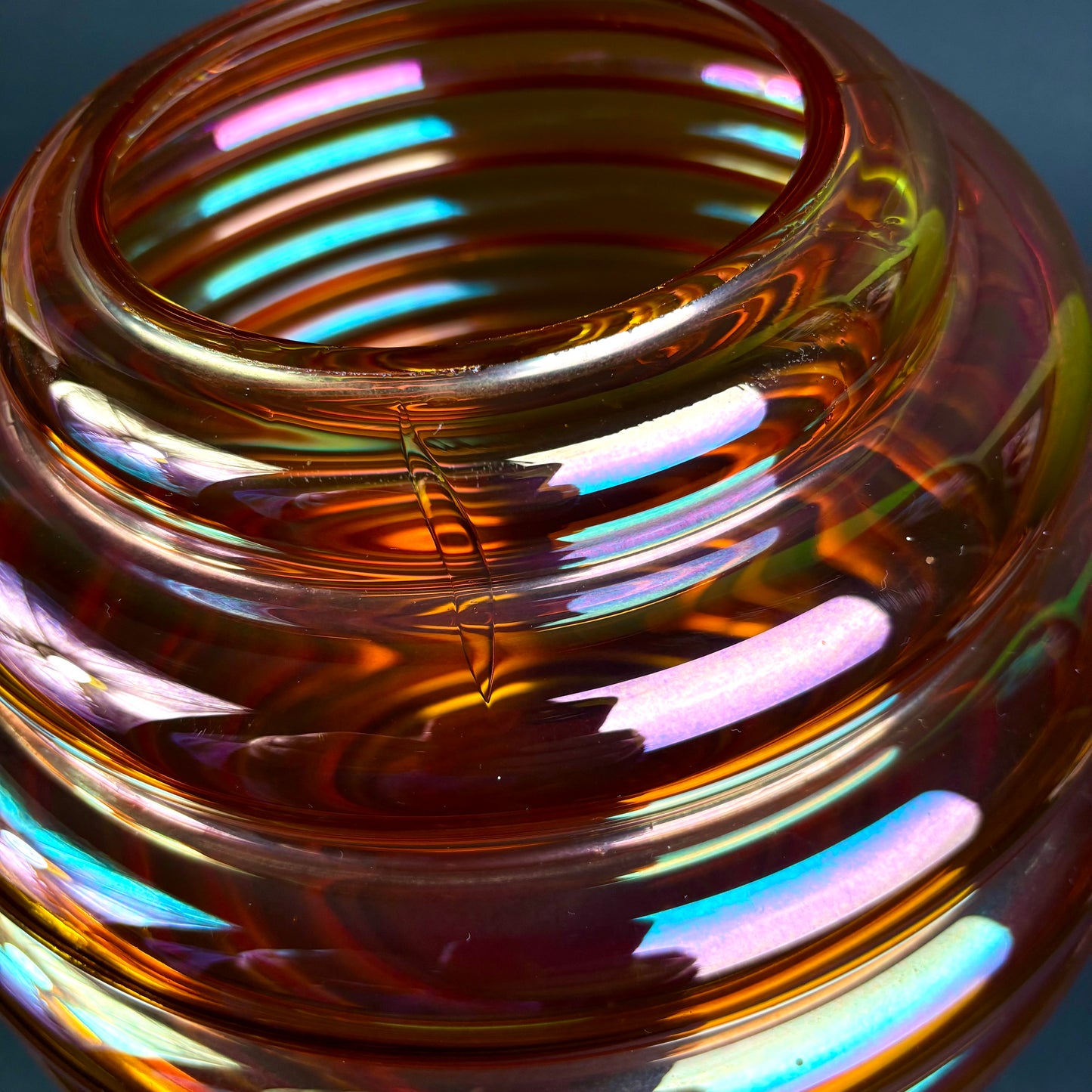 Crown Crystal Glass (Australia) "Melon Rib" Marigold Carnival Glass Vases – Pair – 30cm