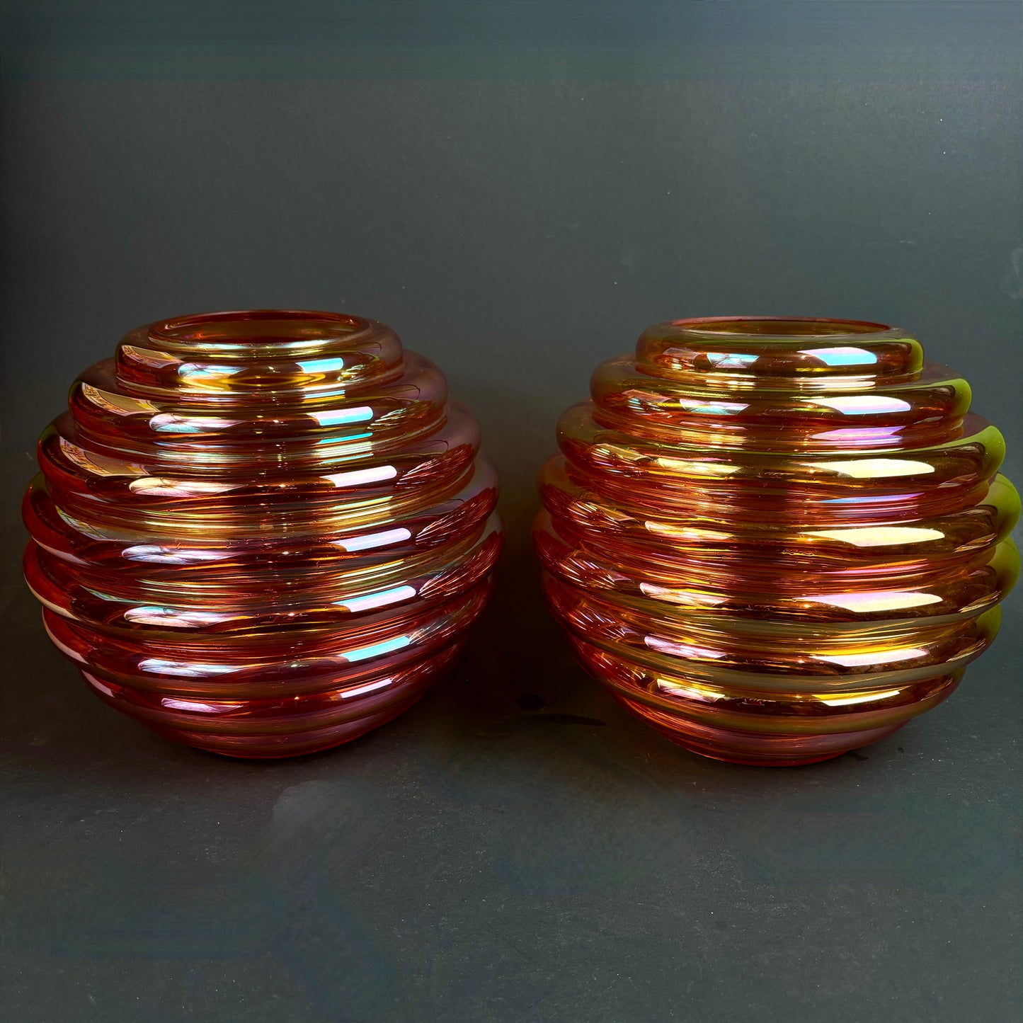 Crown Crystal Glass (Australia) "Melon Rib" Marigold Carnival Glass Vases – Pair – 30cm