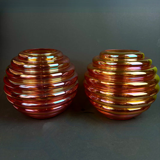 Crown Crystal Glass (Australia) "Melon Rib" Marigold Carnival Glass Vases – Pair – 30cm