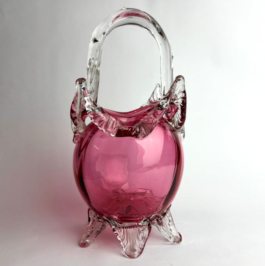 Antique Victorian Cranberry Glass Basket with Applied Feet