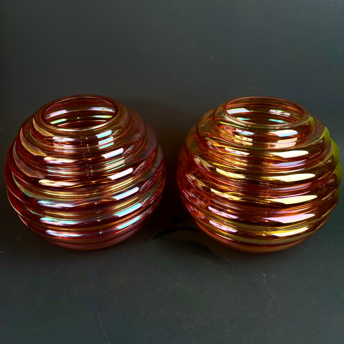 Crown Crystal Glass (Australia) "Melon Rib" Marigold Carnival Glass Vases – Pair – 30cm