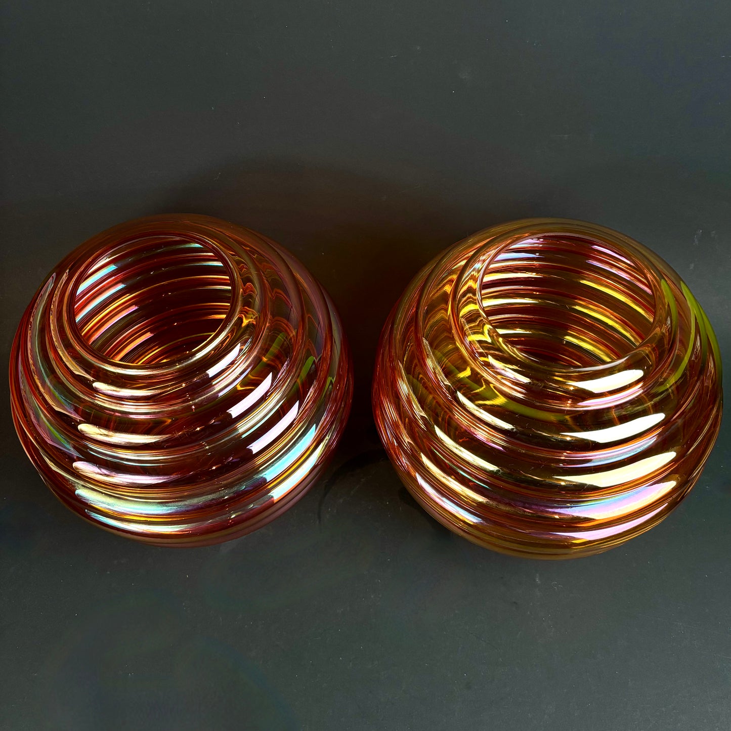 Crown Crystal Glass (Australia) "Melon Rib" Marigold Carnival Glass Vases – Pair – 30cm