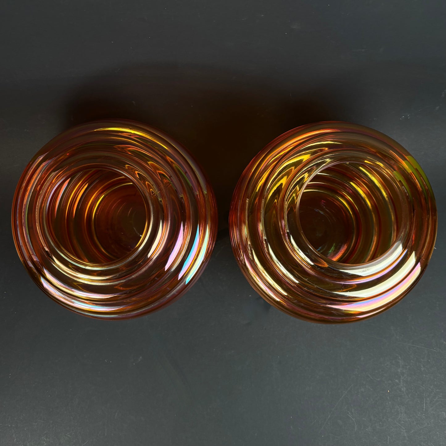 Crown Crystal Glass (Australia) "Melon Rib" Marigold Carnival Glass Vases – Pair – 30cm