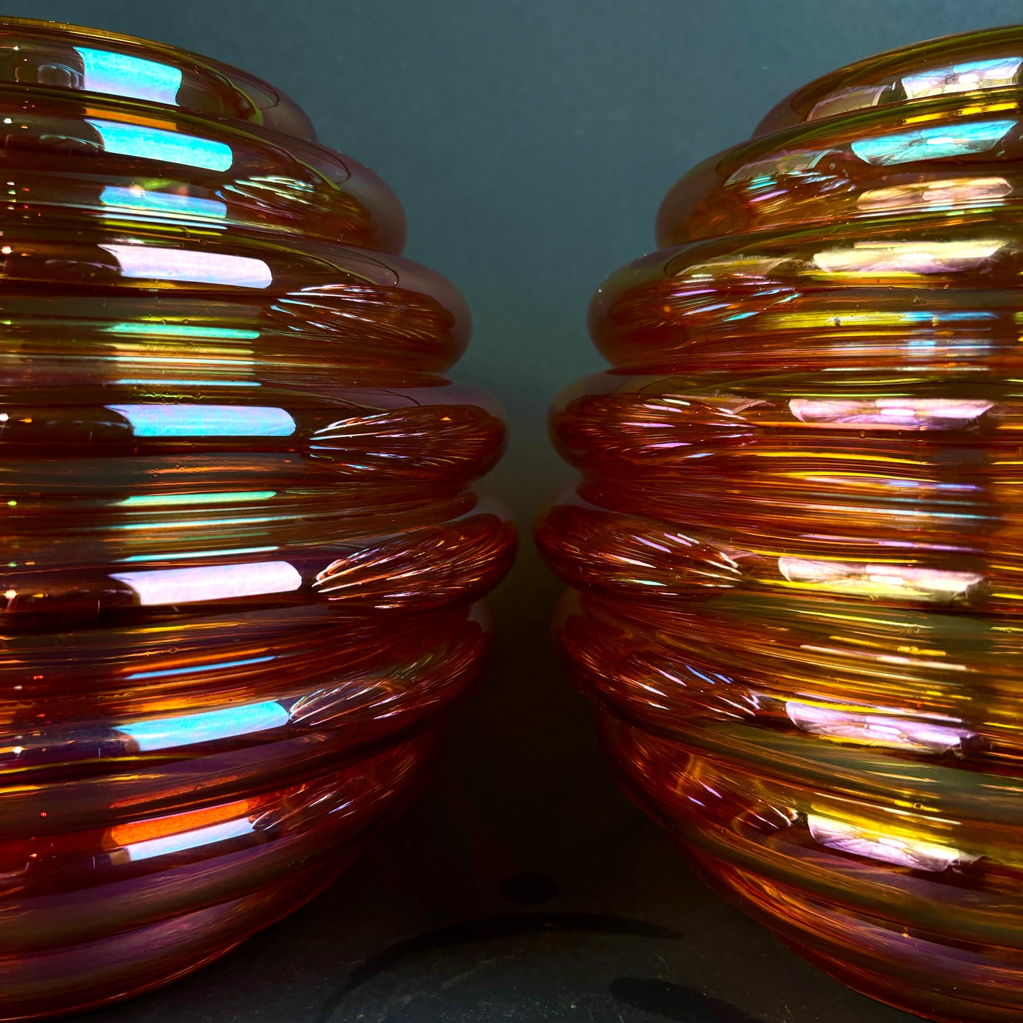 Crown Crystal Glass (Australia) "Melon Rib" Marigold Carnival Glass Vases – Pair – 30cm