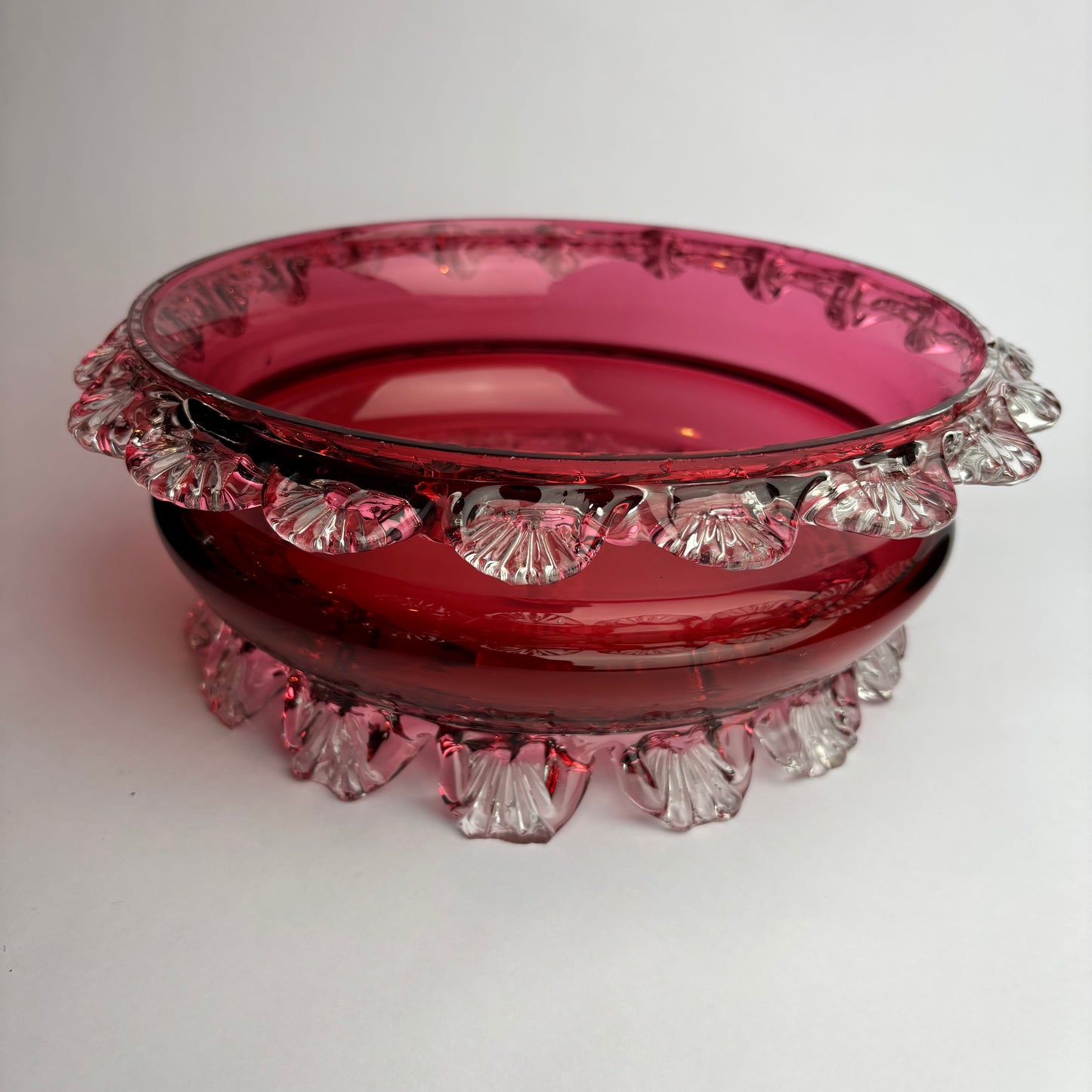 Victorian Cranberry Glass Bowl with Applied Clear Prunts (c.1880s)