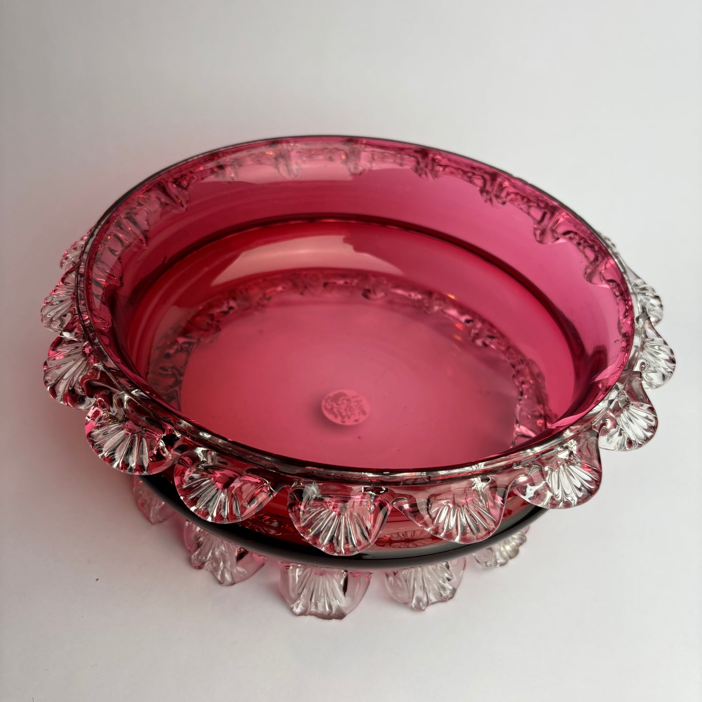 Victorian Cranberry Glass Bowl with Applied Clear Prunts (c.1880s)