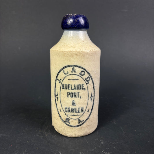 Antique J. Ladd & Co Adelaide, Port & Gawler Stoneware Ginger Beer Bottle with Bristol Blue Lip c.1890–1910