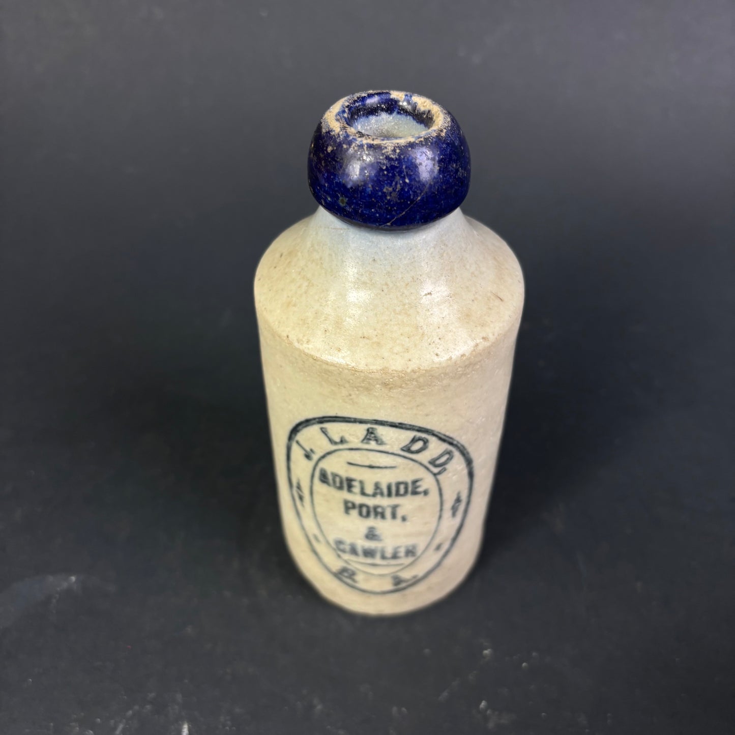 Antique J. Ladd & Co Adelaide, Port & Gawler Stoneware Ginger Beer Bottle with Bristol Blue Lip c.1890–1910