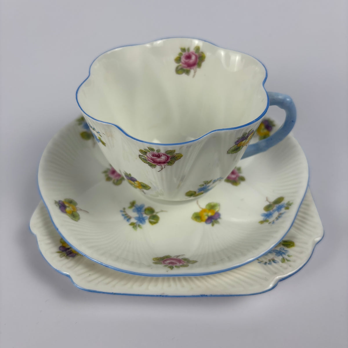 Shelley Fluted Floral Trio – Pattern 13424, Blue Handle