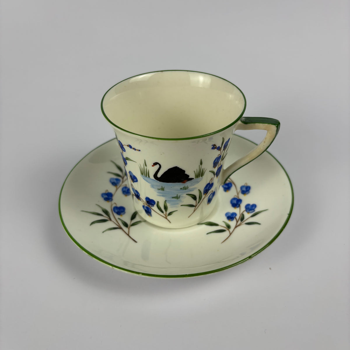 Radfords Black Swan Cup & Saucer – Blue Flowers