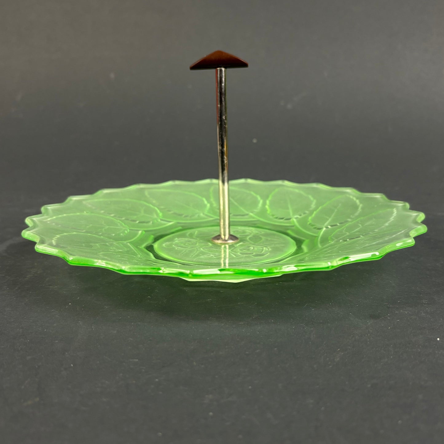 Vintage Uranium Glass Tidbit Tray with Bakelite Handle