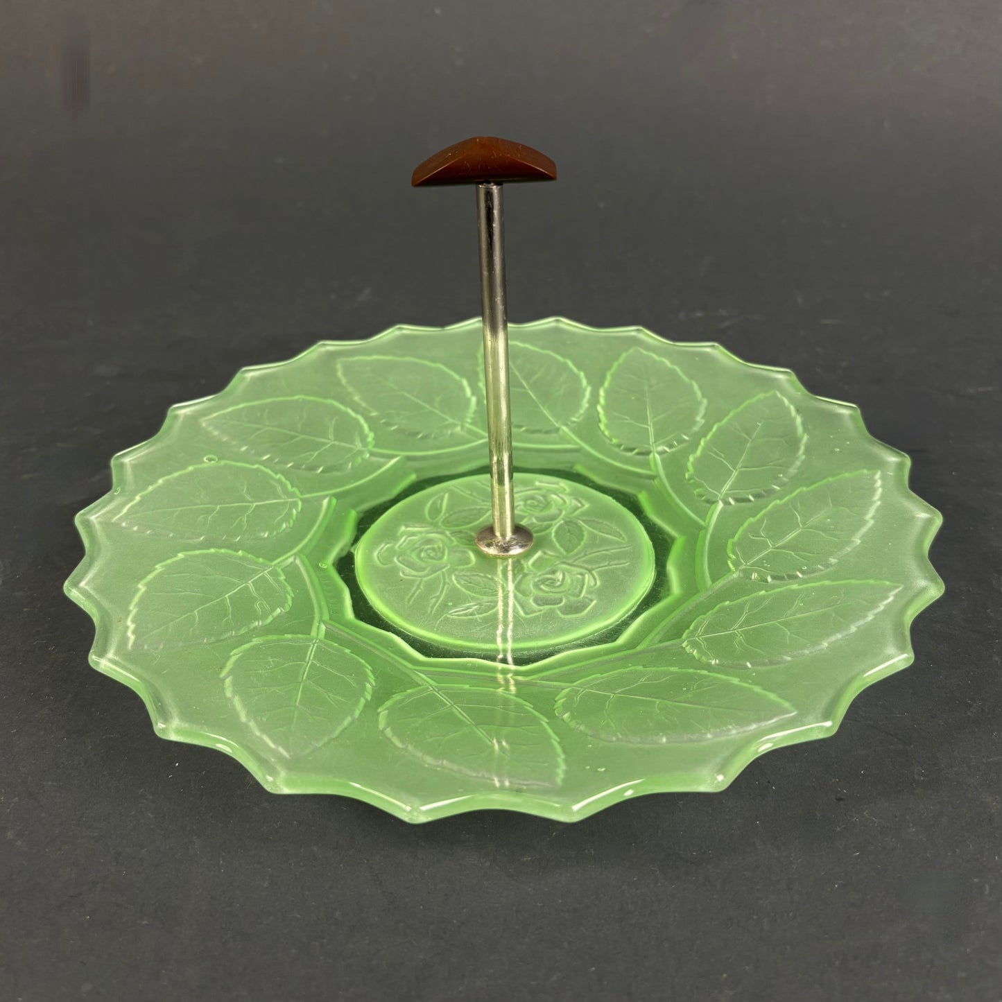Vintage Uranium Glass Tidbit Tray with Bakelite Handle