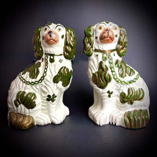 Pair of antique Staffordshire Green Lustre Spaniels