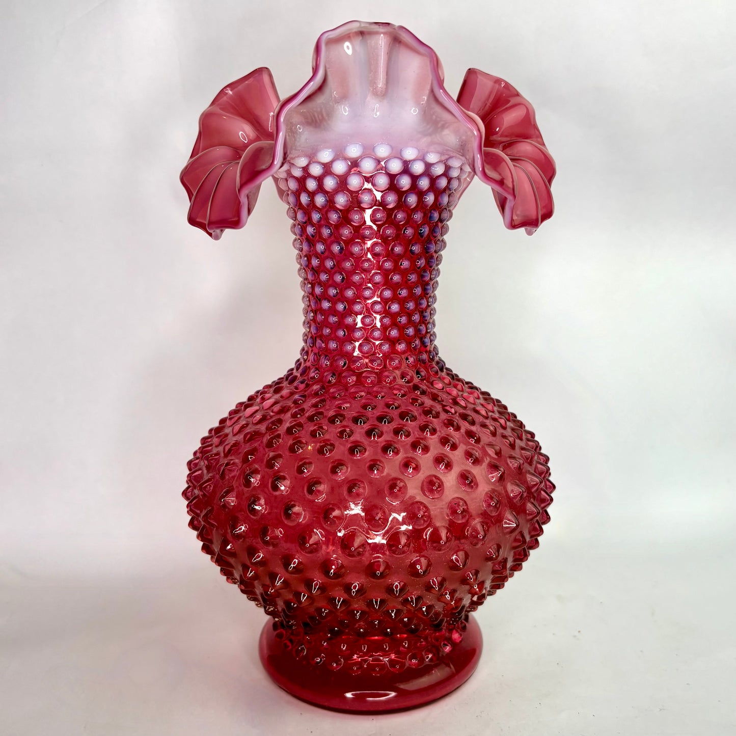 Fenton Cranberry Opalescent Hobnail Glass Vase, Ruffled Rim, c. Mid-20th Century