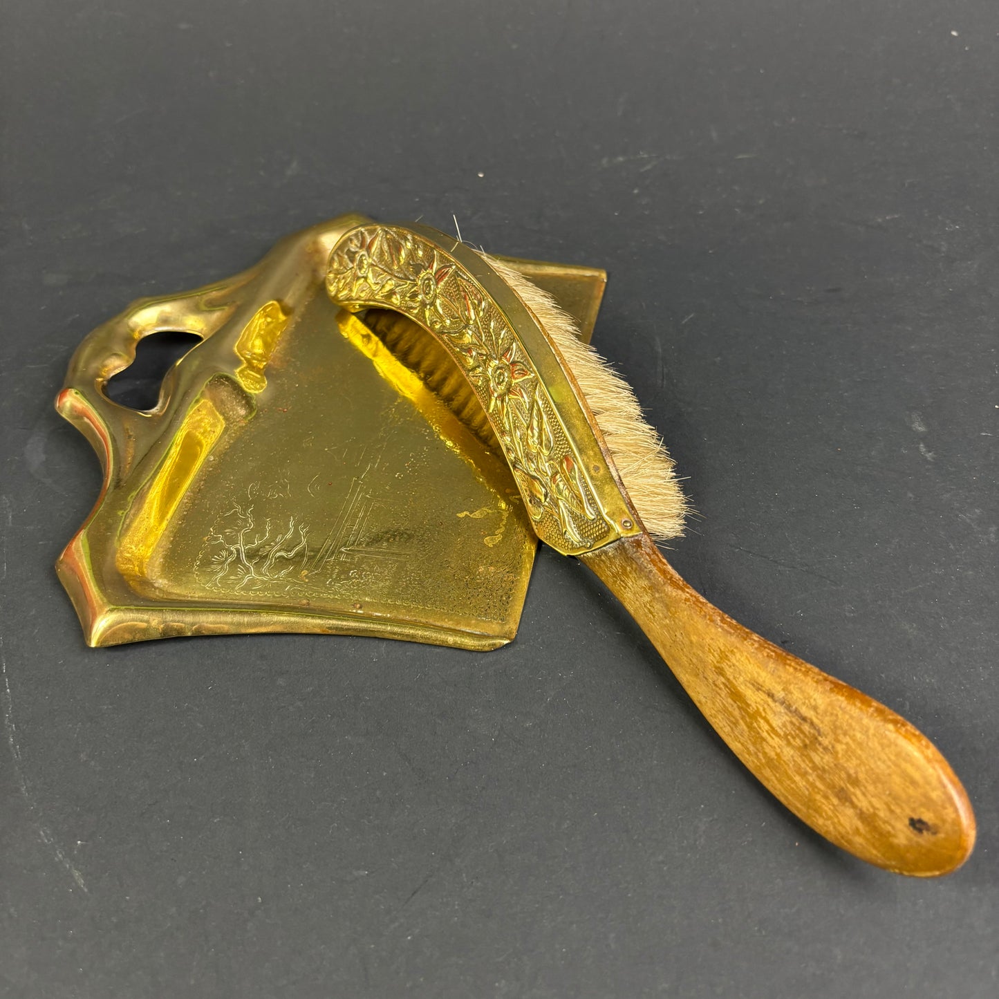 Vintage Art Nouveau Brass Crumb Tray & Brush Set (c.1900–1930)