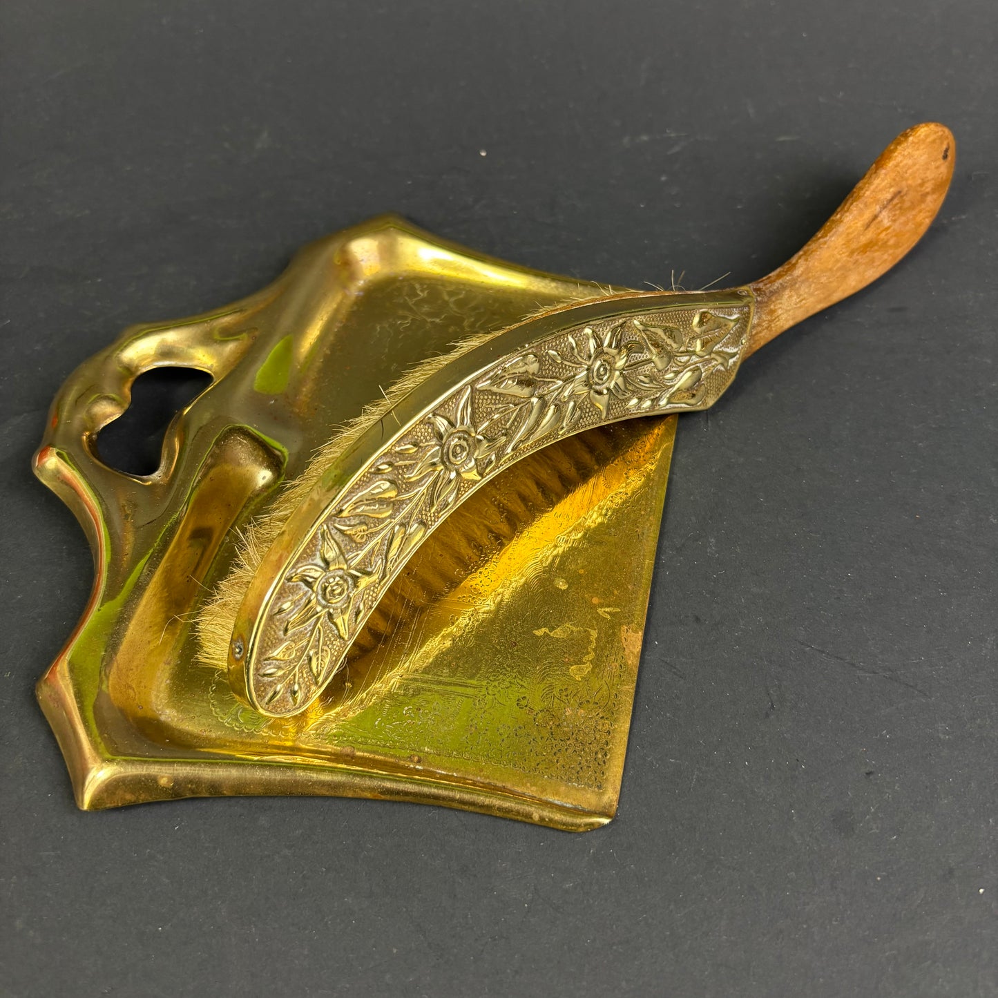 Vintage Art Nouveau Brass Crumb Tray & Brush Set (c.1900–1930)