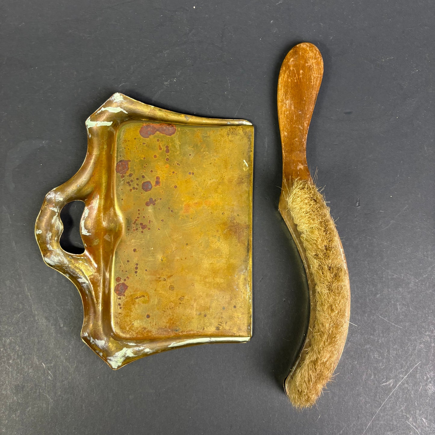Vintage Art Nouveau Brass Crumb Tray & Brush Set (c.1900–1930)