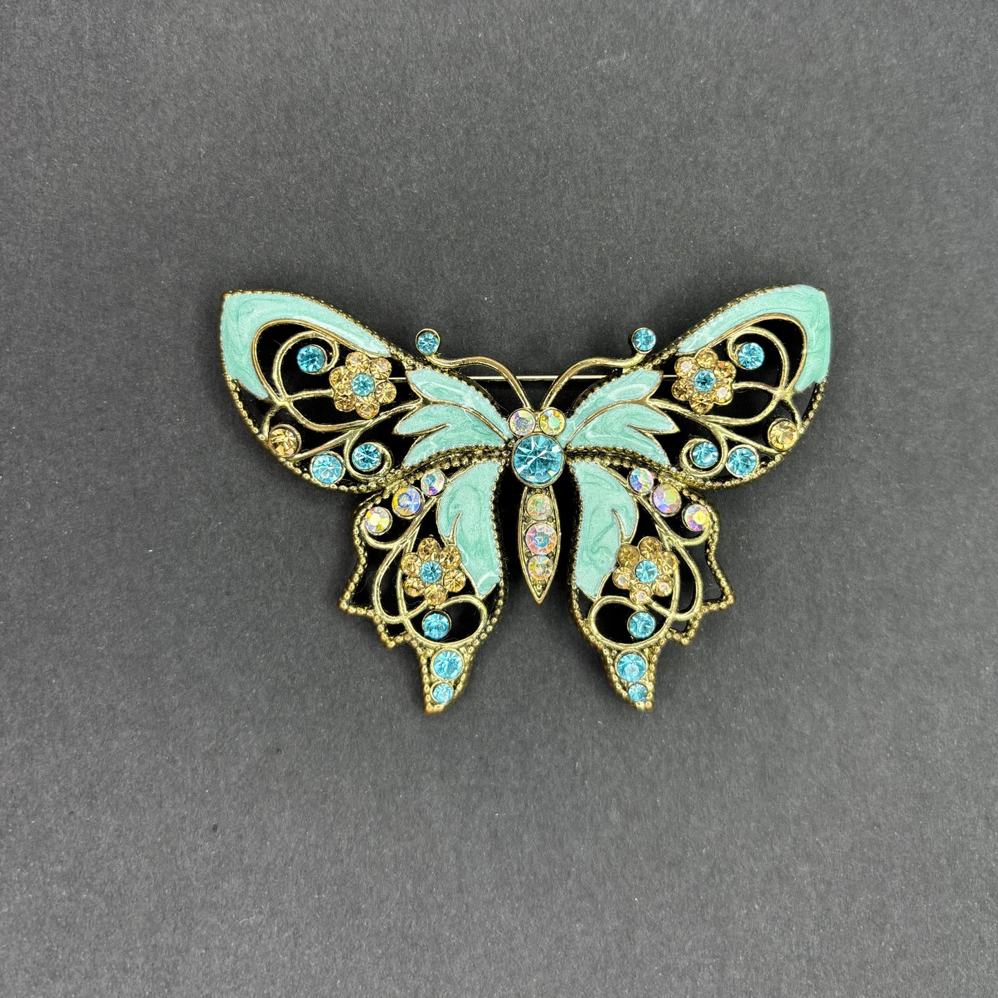 Avon Vintage Butterfly Brooch with Aqua Enamel & Rhinestones
