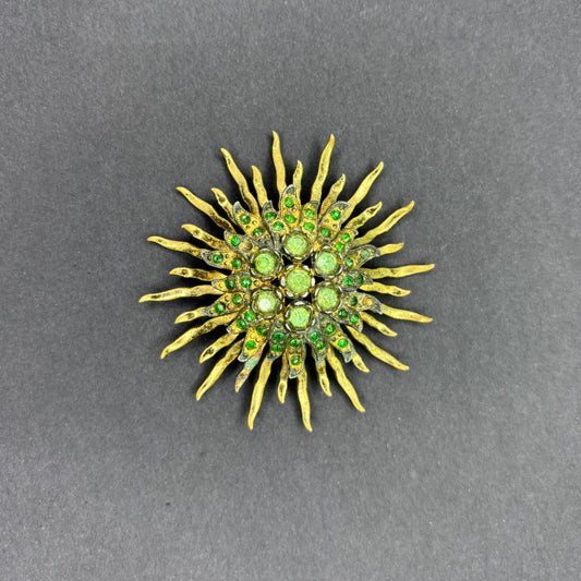 Vintage Atomic Starburst Brooch with Green Rhinestones & UV Glow